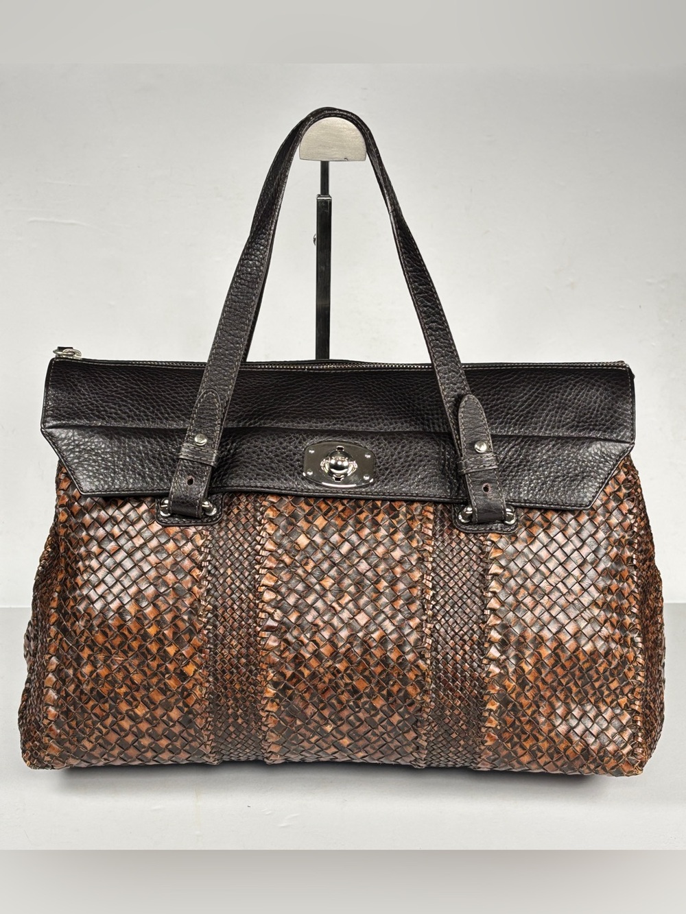 Furla leather brown Woven Tote Bag - top handles Brown